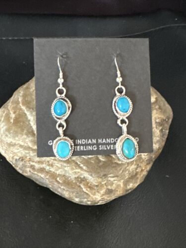 Kingman Turquoise Dangle Earrings | Navajo Handmade | Sterling Silver | Authentic Native American | 14868