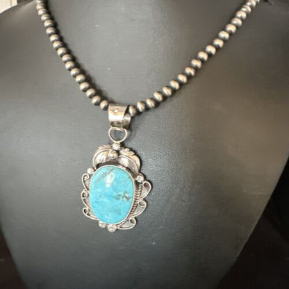 Navajo Kingman Turquoise Pendant Necklace | Sterling Silver Pearls | Authentic Native American Handmade | 15214