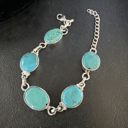 Navajo Blue Turquoise Link Bracelet | Sterling Silver | 8" | Authentic Native American Handmade | 15470