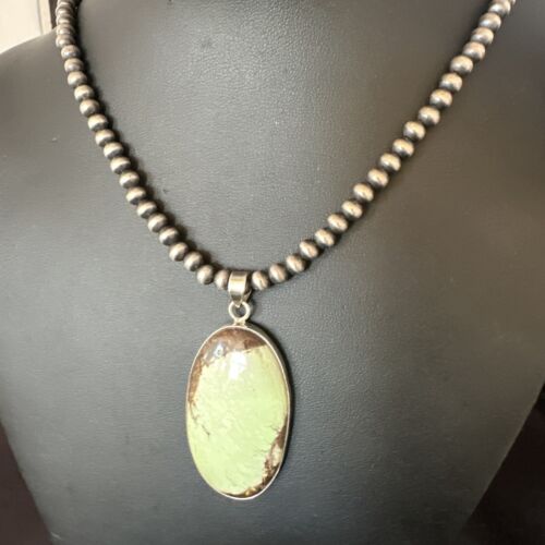 Navajo Green Gaspeite Pendant Necklace | Sterling Silver | Authentic Native American Handmade | 15485