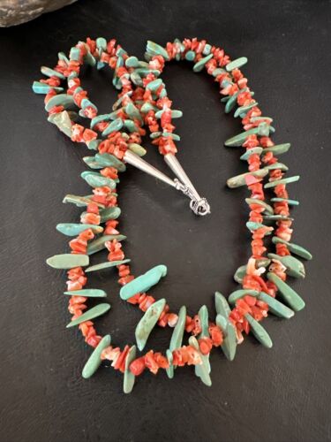 Navajo Green Turquoise Coral Stick Bead Necklace | Sterling Silver | 22" | Authentic Native American Handmade | 17255