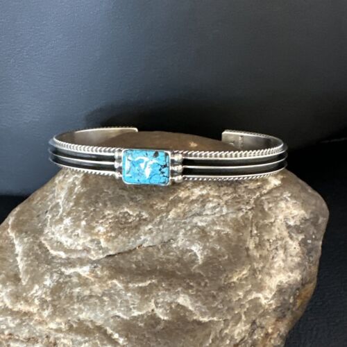 Navajo Blue Turquoise Cuff Bracelet | Sterling Silver | Authentic Native American Handmade | 15161