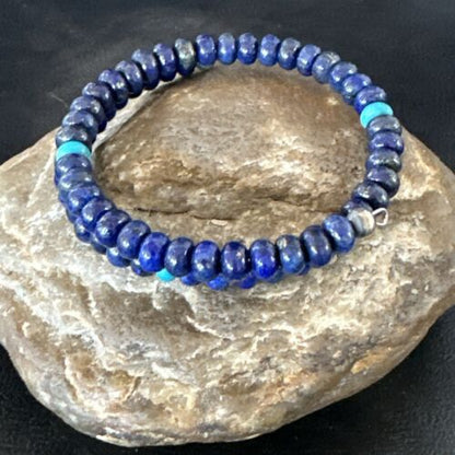 Navajo Lapis Turquoise Heishi Bracelet | Stainless Steel Memory Wire 6mm | Authentic Native American Handmade | 17614