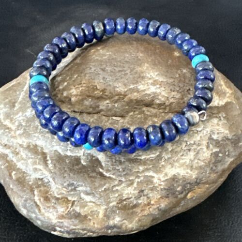 Navajo Lapis Turquoise Heishi Bracelet | Stainless Steel Memory Wire 6mm | Authentic Native American Handmade | 17614