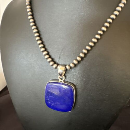 Navajo Blue Lapis Pendant with Pearls | Sterling Silver Necklace | 20" | Authentic Native American Handmade | 16664