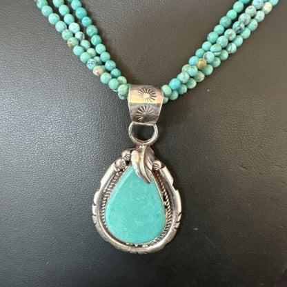 Navajo Blue Turquoise Pendant | Sterling Silver 3-Strand Bead Necklace | 17" | Authentic Native American Handmade | 15998