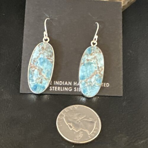 Navajo Blue Turquoise Dangle Earrings | Sterling Silver | Authentic Native American Handmade | 15429