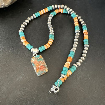 Navajo Spiny Turquoise Pendant Necklace | Sterling Silver | 21" | Authentic Native American Handmade | 17513
