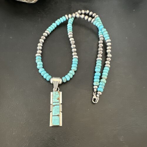 Turquoise #8 Inlay Pendant Necklace | Navajo Sterling Silver | Authentic Native American Handmade | 17057