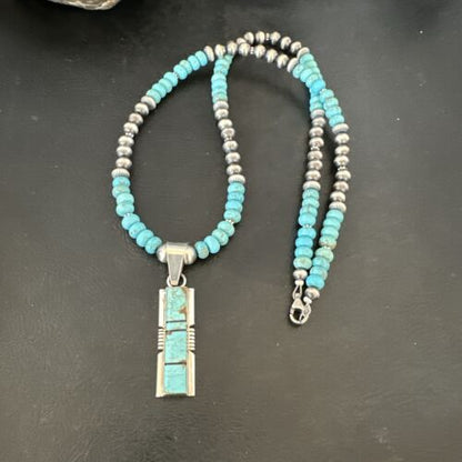 Turquoise #8 Inlay Pendant Necklace | Navajo Sterling Silver | Authentic Native American Handmade | 17057