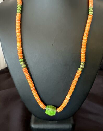 Navajo Green Turquoise & Orange Spiny Oyster Pendant | Sterling Silver | Authentic Native American Handmade | 17484
