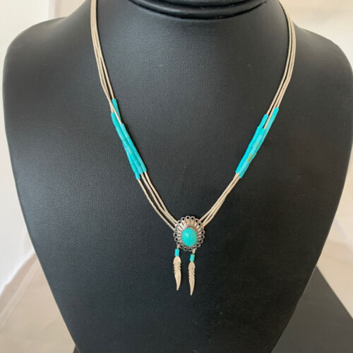 Girls Turquoise Liquid Heishi Necklace | 3-Strand Sterling Silver with Feather Pendant | 02049
