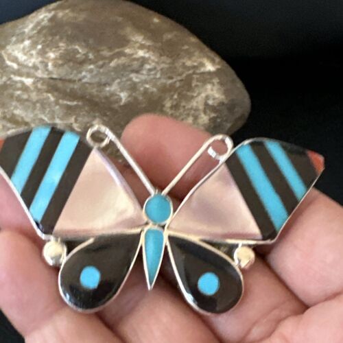 Zuni Butterfly Turquoise Mother of Pearl Onyx Inlay Pin Pendant | Sterling Silver | 15151