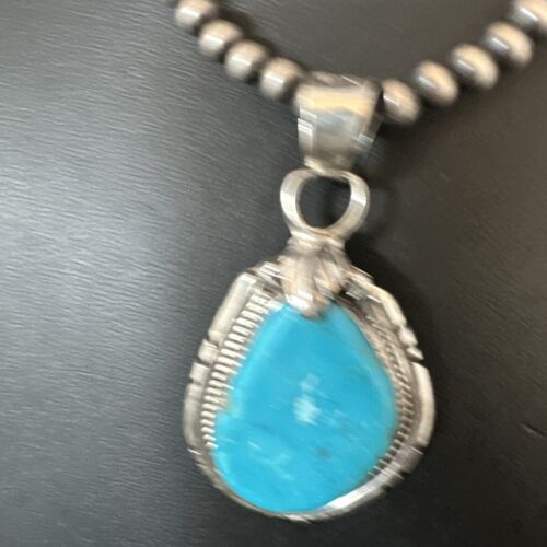 Men's Blue Kingman Turquoise Pendant Necklace | Navajo Pearls | Sterling Silver | Native American Handmade | 16020