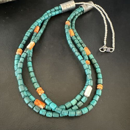 Navajo Blue Turquoise Spiny Oyster Necklace | Sterling Silver | Authentic Native American Handmade | 17535