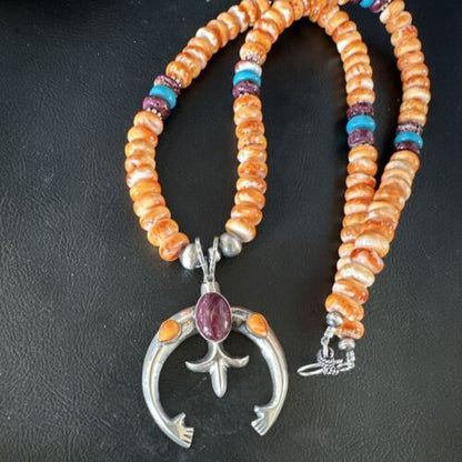 Navajo Orange Purple Spiny Oyster Naja Pendant Necklace | Sterling Silver | Authentic Native American Handmade | 15261