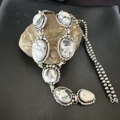 Navajo White Buffalo Turquoise Lariat Necklace | Sterling Silver | Authentic Native American Handmade | 17444