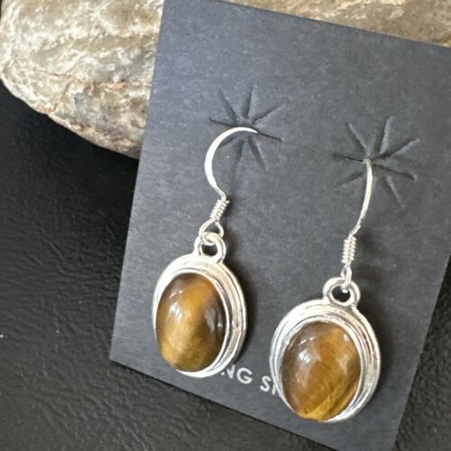 Southwestern Navajo Coffee Tigers Eye Dangle Earrings | Sterling Silver | Authentic Native American Handmade | 16965