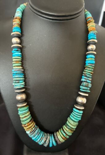 Blue-Green Turquoise Necklace | Navajo Sterling Silver | Authentic Native American Handmade | 21" | 16960
