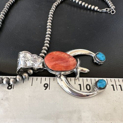 Navajo Blue Turquoise Red Spiny Oyster Naja Pendant | Sterling Silver | Authentic Native American Handmade | 16405