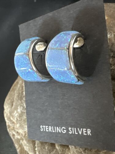 Navajo Blue Opal Inlay Post Earrings | Sterling Silver | Authentic Native American Handmade | 16949