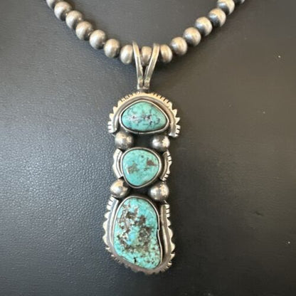 Navajo Blue Kingman Turquoise 3 Stone Cluster Pendant | Sterling Silver | Authentic Native American Handmade | 17632