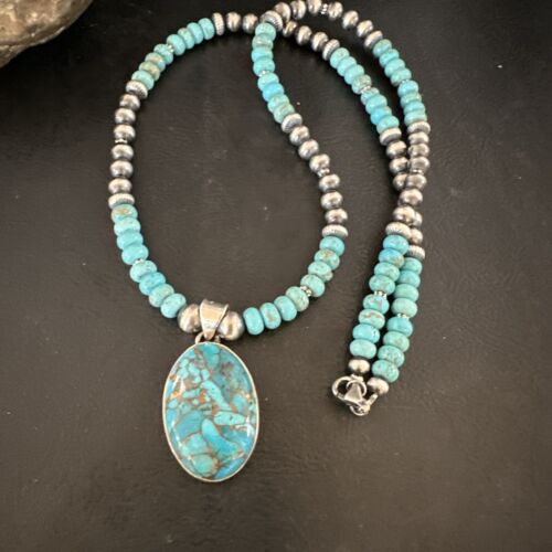 Navajo Blue Mojave Turquoise Pendant | Sterling Silver Pearl Necklace | Authentic Native American Handmade | 17079