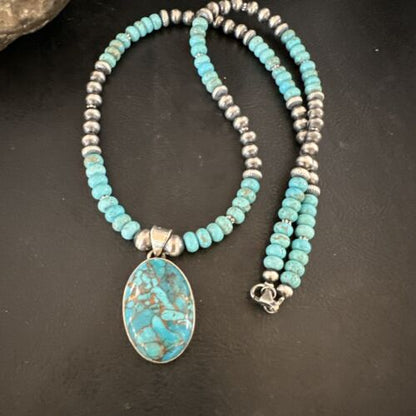 Navajo Blue Mojave Turquoise Pendant | Sterling Silver Pearl Necklace | Authentic Native American Handmade | 17079