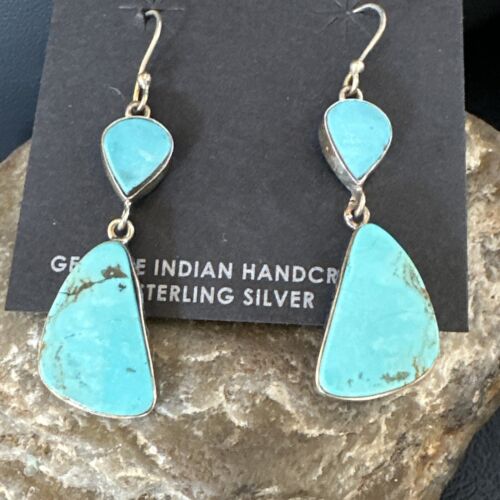 Navajo Blue Kingman Turquoise Dangle Earrings | Sterling Silver | Authentic Native American Handmade | 15102