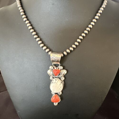 Navajo White Buffalo Coral Necklace | Sterling Silver | Native American Handmade | 15450