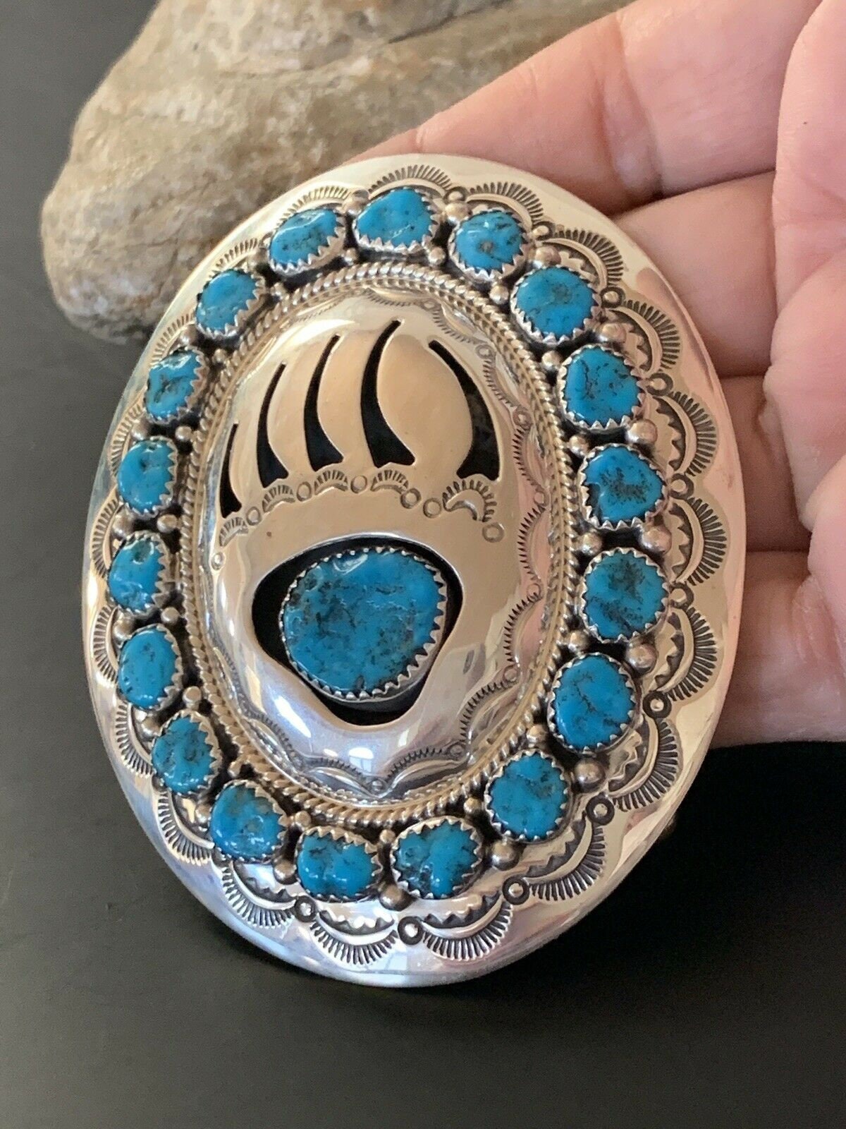 Bearpaw Navajo Blue Kingman Turquoise Concho Belt Buckle | Sterling Silver | Authentic Native American Handmade | 2082