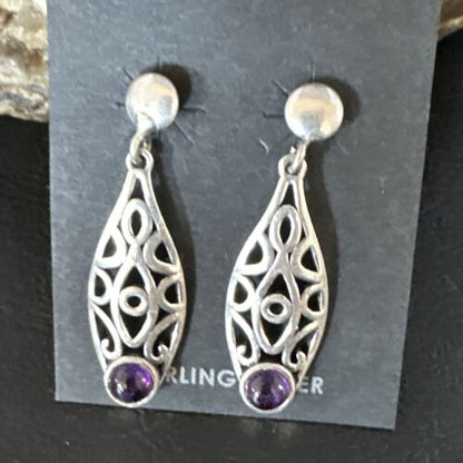 Navajo Purple Amethyst Earrings | Sterling Silver | 1" | Authentic Native American Handmade | 15354