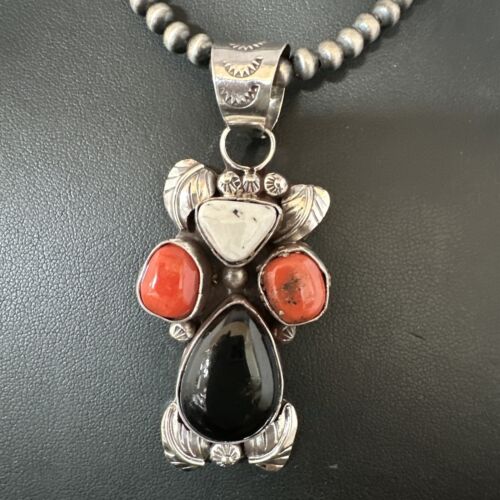 Navajo White Buffalo Coral Onyx Pearls Cluster Pendant | Sterling Silver | Native American Handmade | 15370