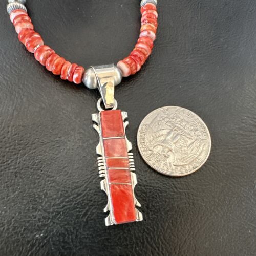 Navajo Red Spiny Oyster Pendant Necklace | Sterling Silver Inlay | Authentic Native American Handmade | 16853