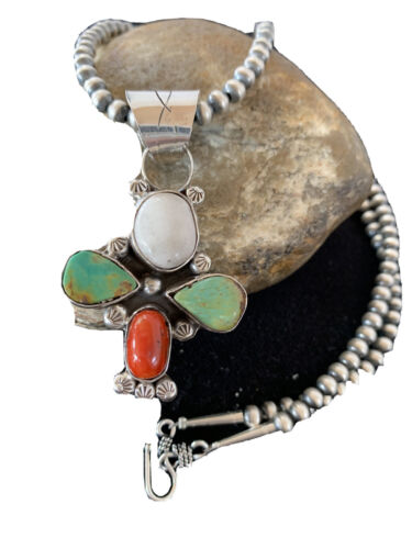 Navajo Turquoise & Coral Naja Pendant Necklace | Sterling Silver | Native American Handmade | 1477