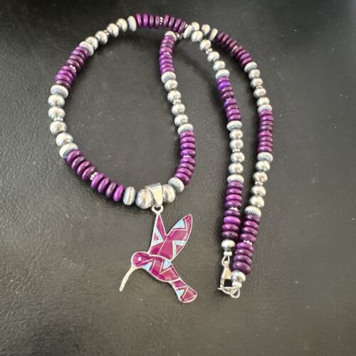 Navajo Hummingbird Purple Sugilite Inlay Pendant Necklace | Sterling Silver Inlay | Authentic Native American Handmade | 16762