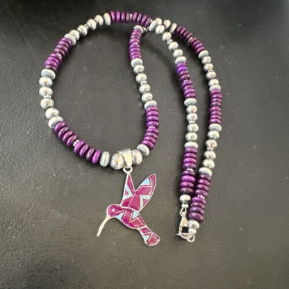 Navajo Hummingbird Purple Sugilite Inlay Pendant Necklace | Sterling Silver Inlay | Authentic Native American Handmade | 16762