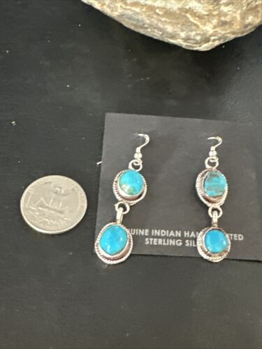 Kingman Turquoise Dangle Earrings | Navajo Sterling Silver | Authentic Native American Handmade | 14865
