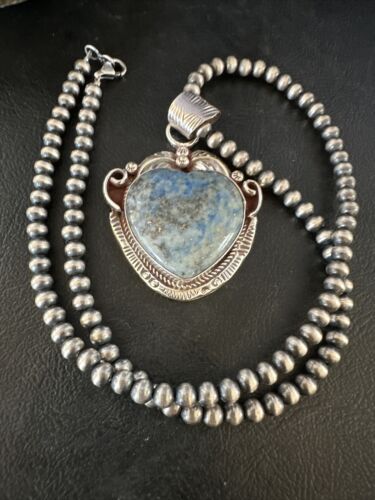 Navajo Blue Heart Denim Lapis Pendant Necklace | Sterling Silver Pearls | Authentic Native American Handmade | 15521