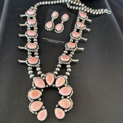 Navajo Pink Conch Squash Blossom Necklace with Naja Pendant | Authentic Native American Handmade | 17441