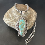 Navajo Blue Turquoise #8 Pendant | Sterling Silver Pearls Necklace | Authentic Native American Handmade | 15899