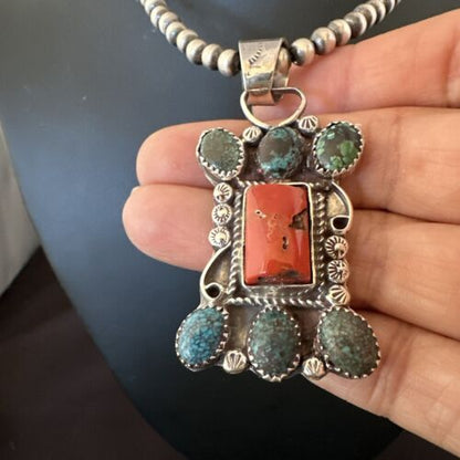 Navajo Turquoise Coral Cluster Pendant Necklace | Sterling Silver | Native American Handmade | 17185
