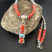 Navajo Red Spiny Oyster Opal Pendant Necklace | Sterling Silver Inlay | Authentic Native American Handmade | 16885