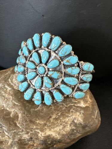 Navajo Blue Turquoise Cluster Cuff Bracelet | Sterling Silver | Old Pawn | Authentic Native American Handmade | 17220