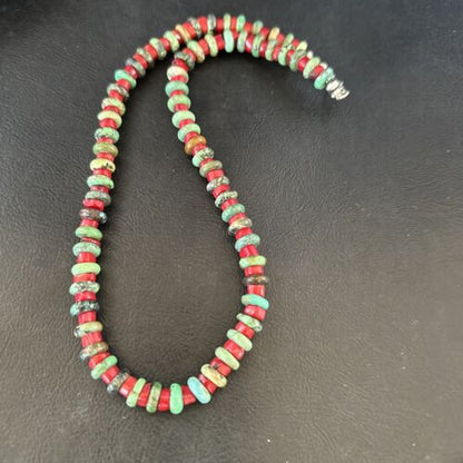 Navajo Green Turquoise and Round Coral Necklace | Sterling Silver | 18" | Authentic Native American Handmade | 17580 - Masha USA