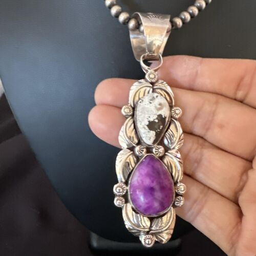 Navajo Pearls Pendant | White Buffalo Turquoise & Sugilite | Sterling Silver | Native American Handmade | 16869