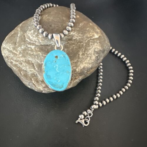 Navajo Blue Kingman Turquoise Pendant Necklace | Sterling Silver | 20" | Authentic Native American Handmade | 16692