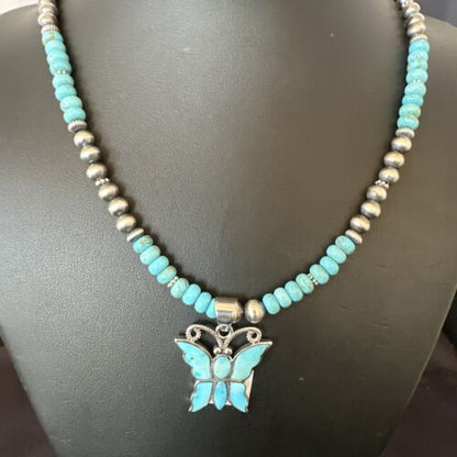 Navajo Butterfly Blue Ridge Turquoise Inlay Pendant Necklace | Sterling Silver | Native American Handmade | 16486