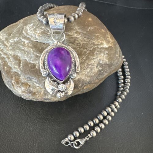Navajo Purple Sugilite Pendant with Pearls | Sterling Silver Necklace | Authentic Native American Handmade | 15452
