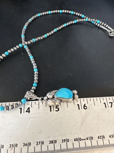 Navajo Pearls Kingman Turquoise Pendant Necklace | Sterling Silver | Authentic Native American Handmade | 14888